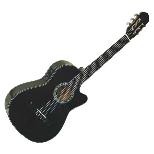 Gomez 001/BKCE Spaans / klassieke gitaar met nylon snaren in de kleur Zwart. Uitgevoerd met element en cutaway