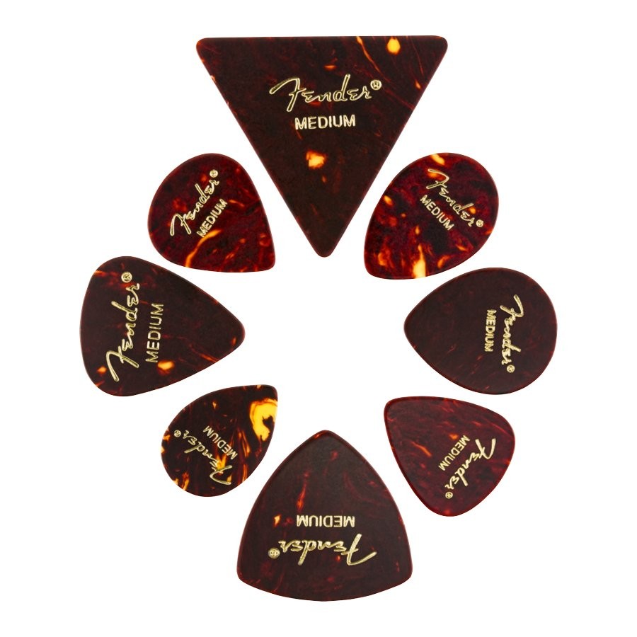 FENDER ALL SHAPES CELLULOID MEDLEY MEDIUM 8-PACK - PLECTRUM ASSORTIMENT ALLE VORMEN TORTOISE SHELL