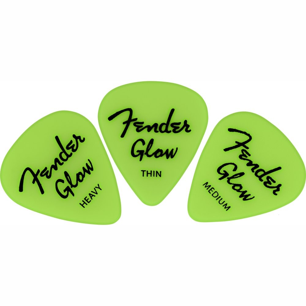 FENDER GLOW IN THE DARK PICKS 12-PACK - PLECTRUM GROEN 4X THIN 4X MEDIUM 4X HEAVY