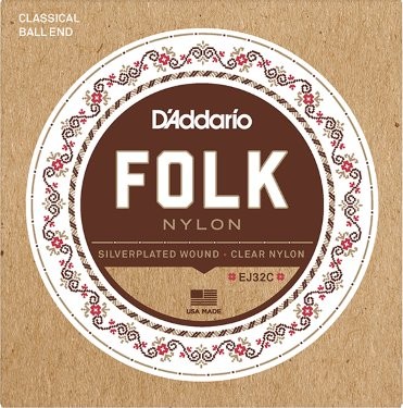 D'ADDARIO EJ32C SILVER WOUND/CLEAR NYLON TREBLES - SNAREN NYLON / FOLK BALL END