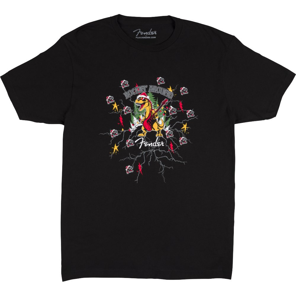 FENDER TEE UGLY CHRISTMAS 2025 SMALL - T-SHIRT ZWART "ROCKIN' AROUND" DINOSAUR GRAPHICS S