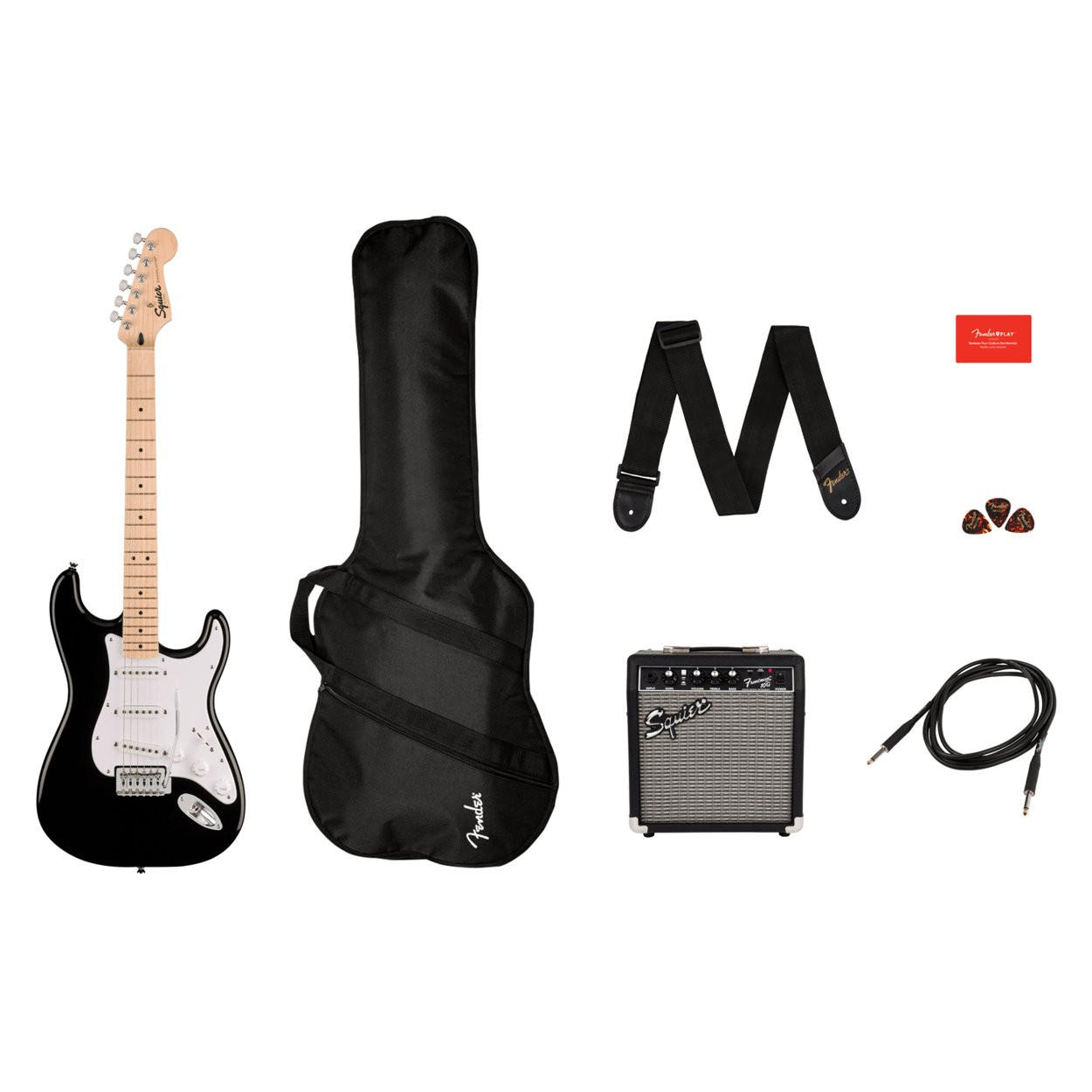 SQUIER STRATOCASTER SONIC PACK BLK 10G - GITAAR ELEKTRISCH ZWART + 10W AMP + ACCESSOIRES