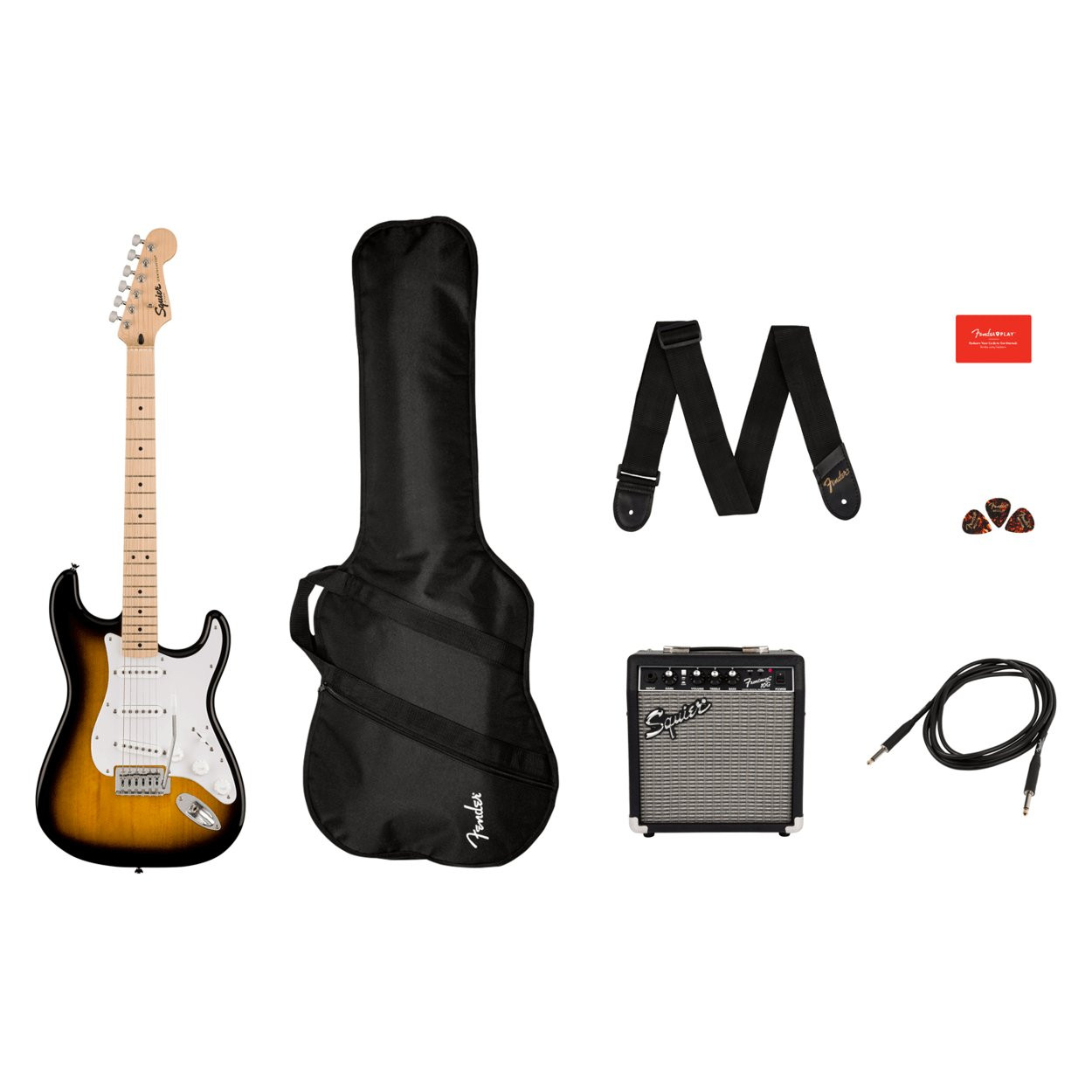 SQUIER STRATOCASTER SONIC PACK 2TS 10G - GITAAR ELEKTRISCH SUNBURST + 10W AMP + ACCESSOIRES