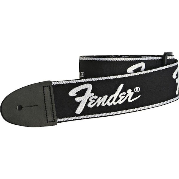 FENDER 099-0671-000 RUNNING LOGO STRAP - GITAARRIEM ZWART MET WIT LOGO opgerold