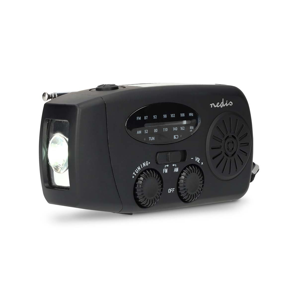 NEDIS RDFMCR2000BK - NOODRADIO AM/FM LED ZAKLAMP POWERBANK HANDSLINGER