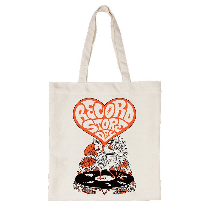 TOTEBAG RECORD STORE DAY VOGEL MET HART OP LP - DRAAGTAS KATOEN ECRU MET ORANJE / ZWARTE OPDRUK