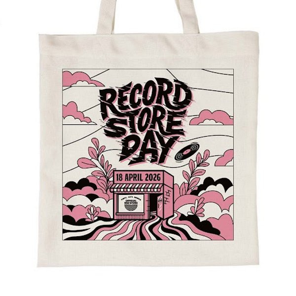 TOTEBAG RECORD STORE DAY WINKEL IN PSYCHEDELISCH LANDSCHAP - DRAAGTAS KATOEN ECRU MET ROZE / ZWARTE OPDRUK