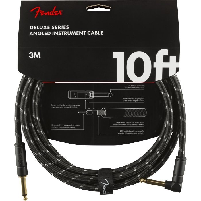 FENDER DELUXE SERIES 10' CABLE BLACK TWEED ANGLE - KABEL JACK 6.3 ZWART 3 MTR 1X HAAKS