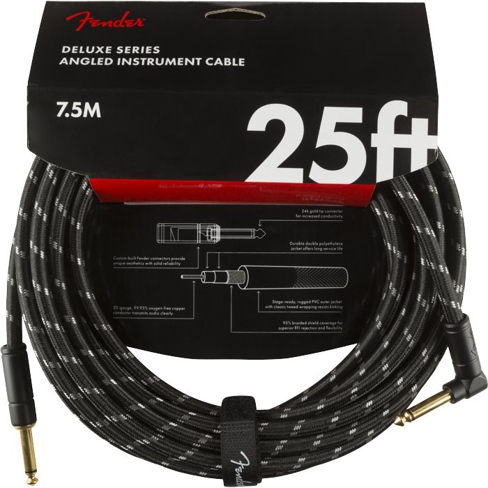 FENDER DELUXE SERIES 25' CABLE BLACK TWEED ANGLE - KABEL JACK 6.3 ZWART 7.5MTR 1X HAAKS