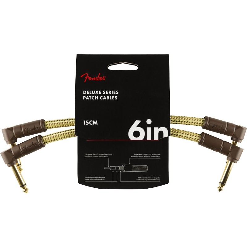 FENDER DELUXE SERIES 6" CABLE TWEED ANGLE/ANGLE 2-PACK - KABEL JACK 6.3 BEIGE 15CM 2X HAAKS