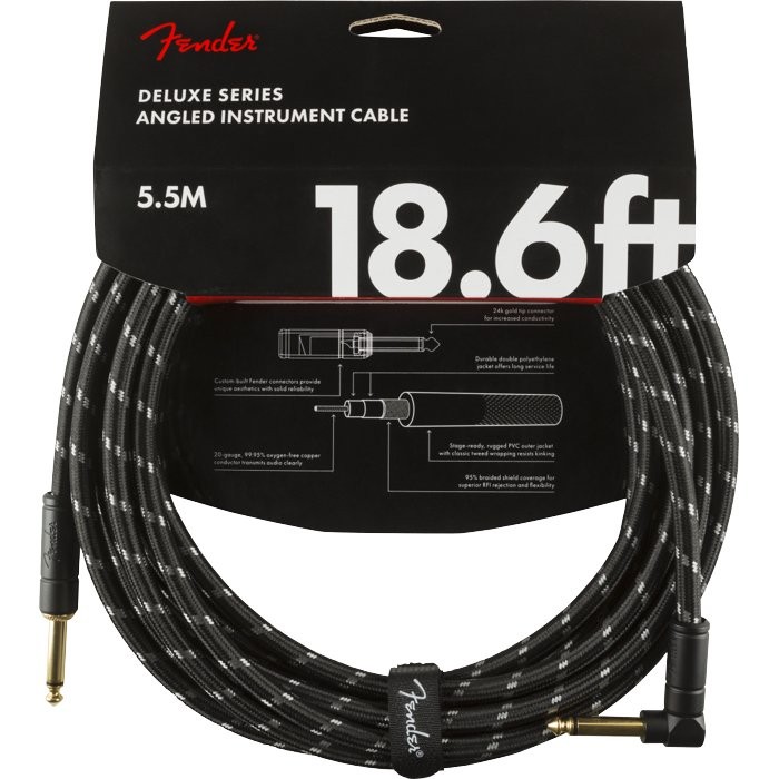 FENDER DELUXE SERIES 18.6' CABLE BLACK TWEED ANGLE - KABEL JACK 6.3 ZWART 5.5MTR 1X HAAKS