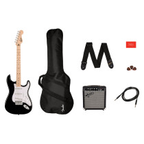 SQUIER STRATOCASTER SONIC PACK BLK 10G - GITAAR ELEKTRISCH ZWART + 10W AMP + ACCESSOIRES