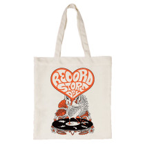 TOTEBAG RECORD STORE DAY VOGEL MET HART OP LP - DRAAGTAS KATOEN ECRU MET ORANJE / ZWARTE OPDRUK