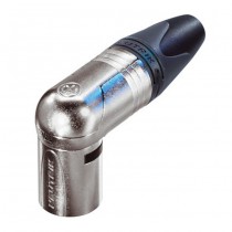 Neutrik NC3MRX 3-polige haakse male XLR plug met een nikkel behuizing en zilveren contacten.