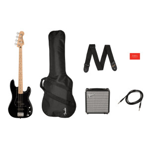SQUIER PRECISION BASS AFFINITY PJ PACK MN BLK R15 - BASGITAAR + RUMBLE 15 + GIG BAG, RIEM & KABEL ZWART