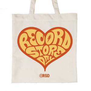 TOTEBAG RECORD STORE DAY HART LOGO - DRAAGTAS KATOEN ECRU MET GEEL ORANJE OPDRUK