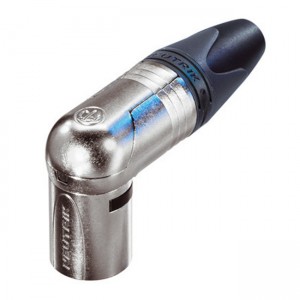 Neutrik NC3MRX 3-polige haakse male XLR plug met een nikkel behuizing en zilveren contacten.